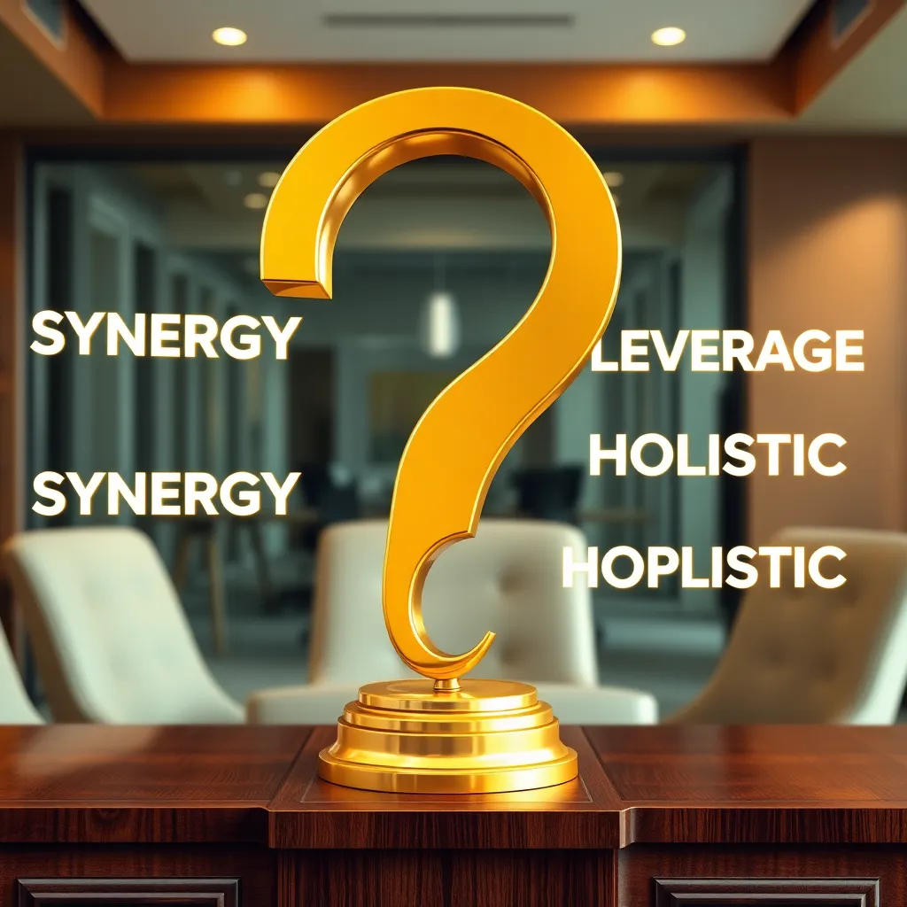 A golden trophy shaped like a giant question mark sitting on a mahogany desk, surrounded by floating buzzwords like SYNERGY, LEVERAGE, and HOLISTIC in 3D holographic text, corporate office background