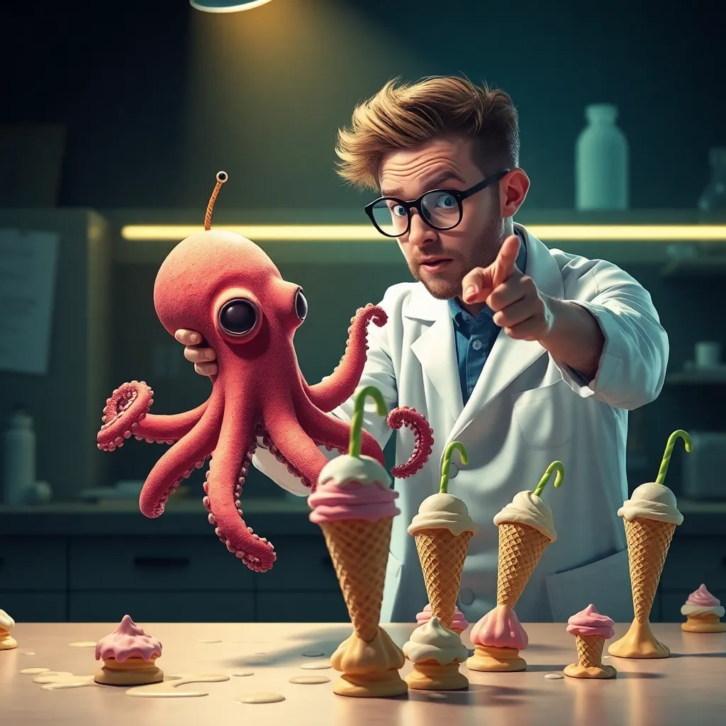 nerdy scientist in lab coat pointing a laser at a confused octopus wearing a tiny alien antenna, surrounded by melting ice cream cones on a lab table, dramatic spotlight