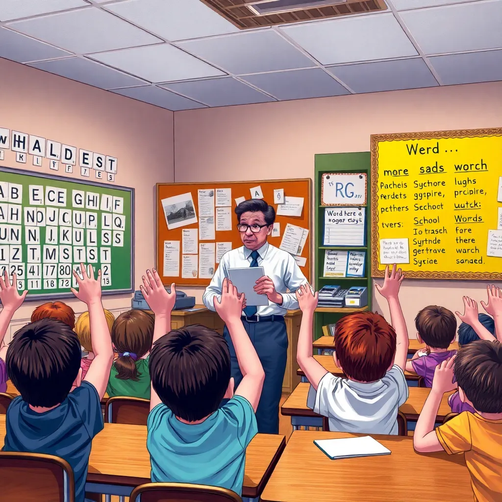 elementary school classroom in mild chaos, alphabet charts on walls, confused teacher looking at word cards, children raising hands dramatically, one bulletin board has words with rg crossed out, surreal but believable, colorful detailed scene