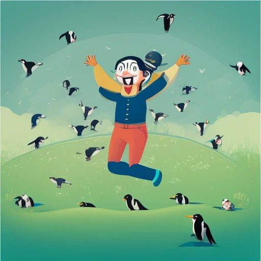 Happy person with penguins and laptops