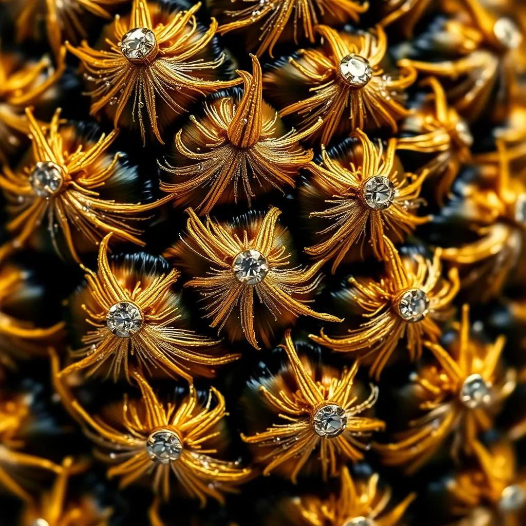 A close-up macro shot of a pineapple skin texture woven with gold thread and diamonds, luxury fashion detail, sharp spikes and glitter