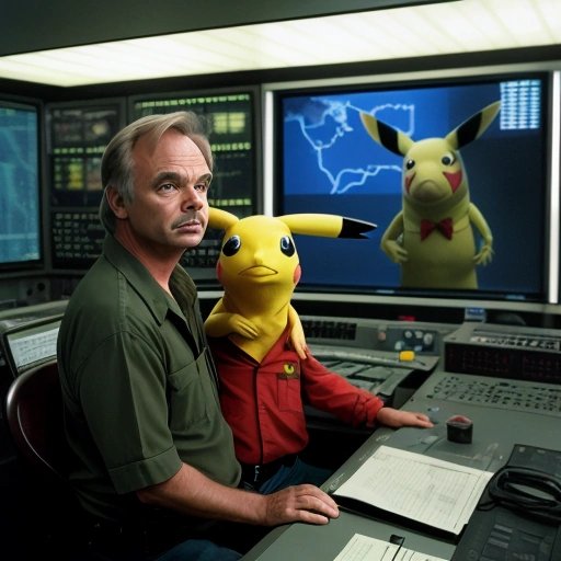 Dr. Alan Grant and puppet Pikachu in the control room