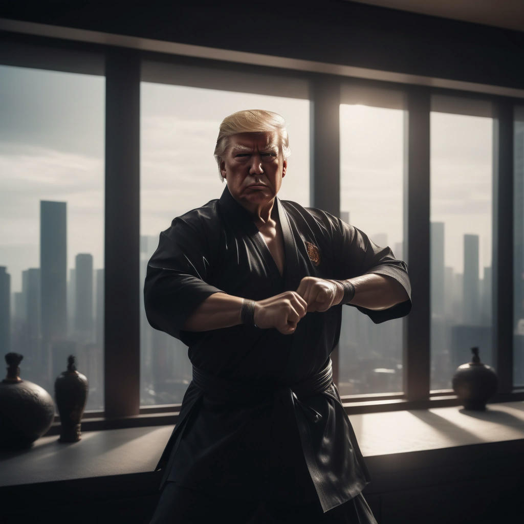 Donald Trump practicing kung fu in his penthouse dojo, luxurious background, cityscape outside the window, dramatic lighting, high contrast, cinematic, 4k, detailed, photorealistic