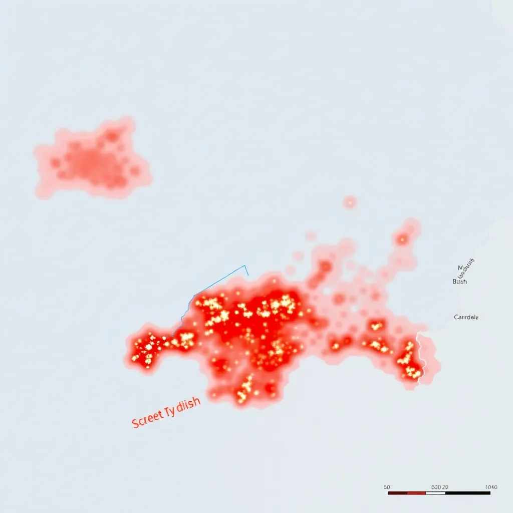 A government-issued map showing the intersection of blue ley lines with red data-traffic heatmaps across a coastal region, official cartographic style, legend in the corner, muted colors