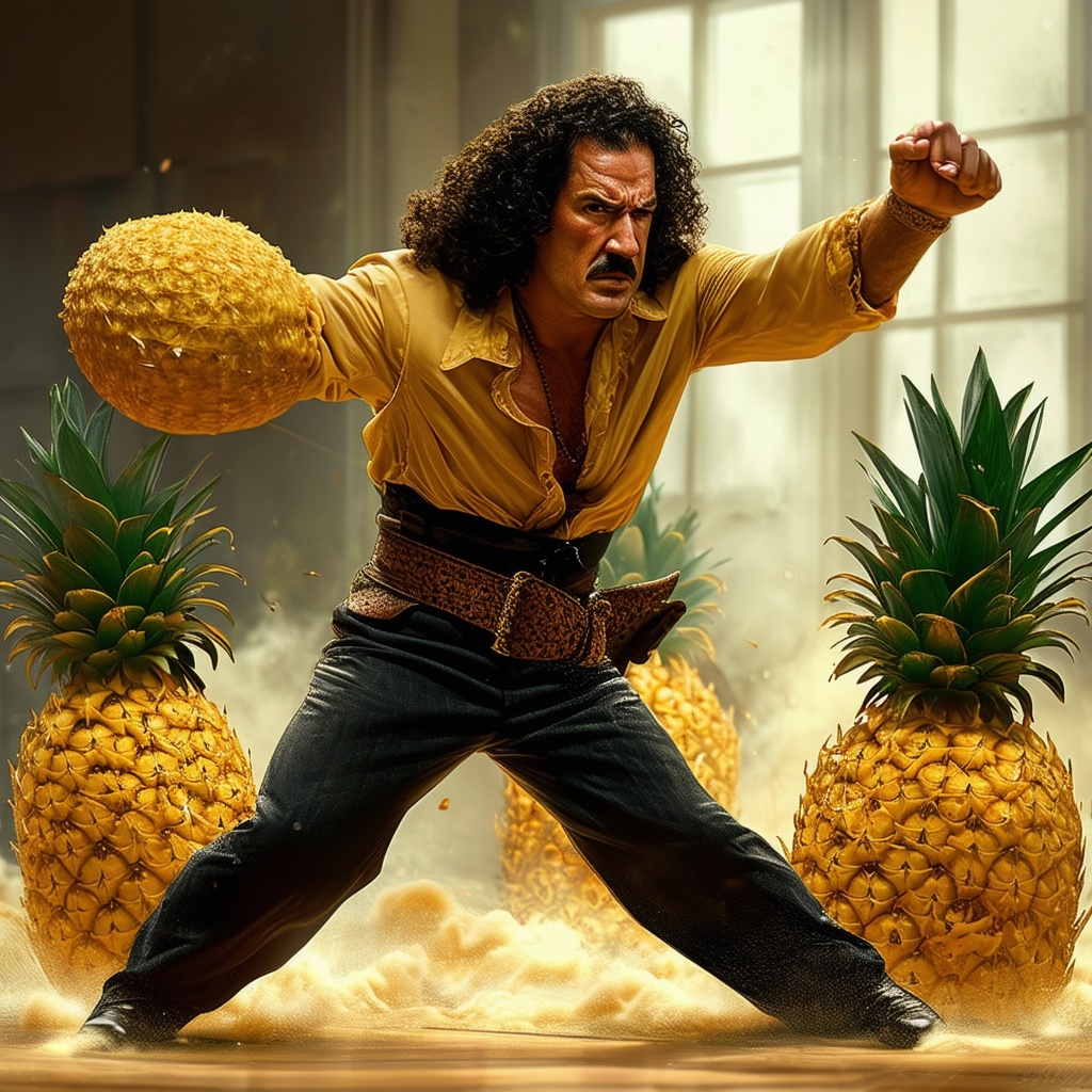 Inigo in the midst of delivering a lethal thrust towards a quivering mass of pineapple chunks.