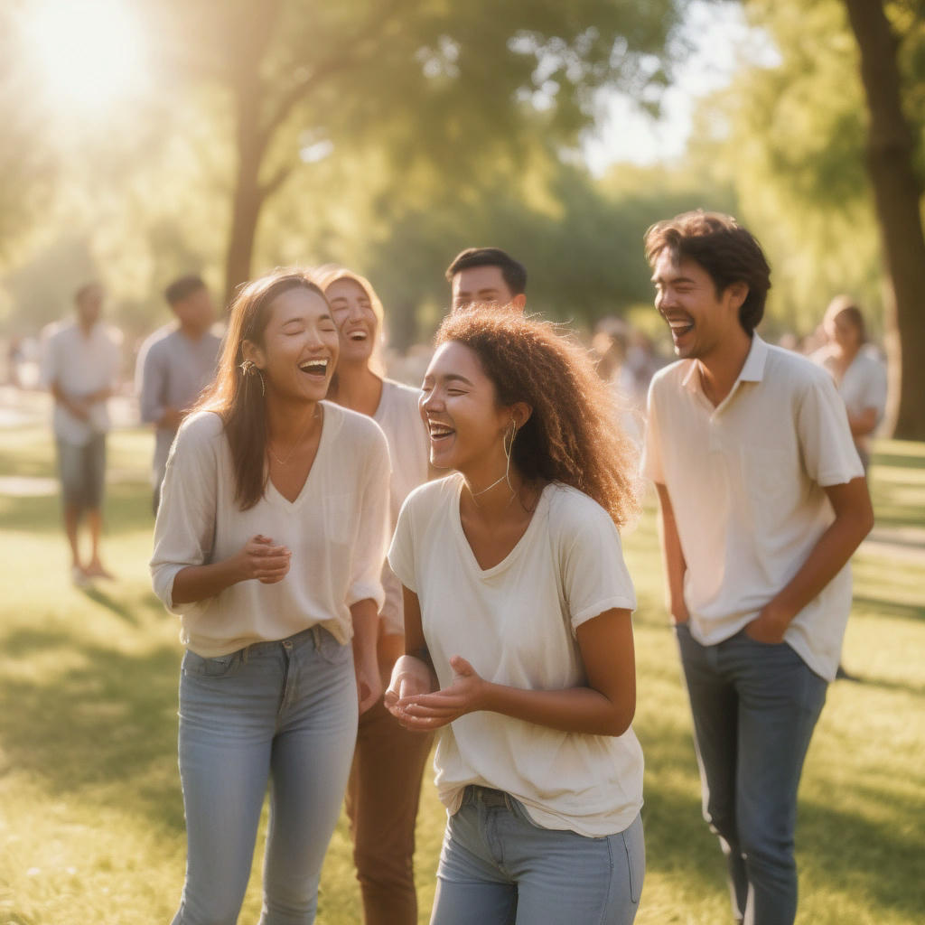 a group of friends laughing and chatting in a park, warm sunlight, natural colors, relaxed atmosphere, subtle facial expressions, cinematic, soft focus