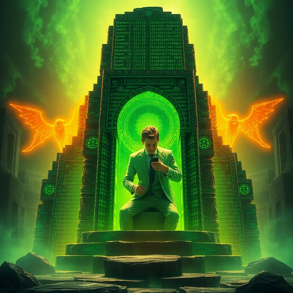 A majestic, ancient monument made of glowing green computer code and stone, depicting a man crying while holding a mouse, surrounded by laughing ethereal spirits, surrealist digital art style