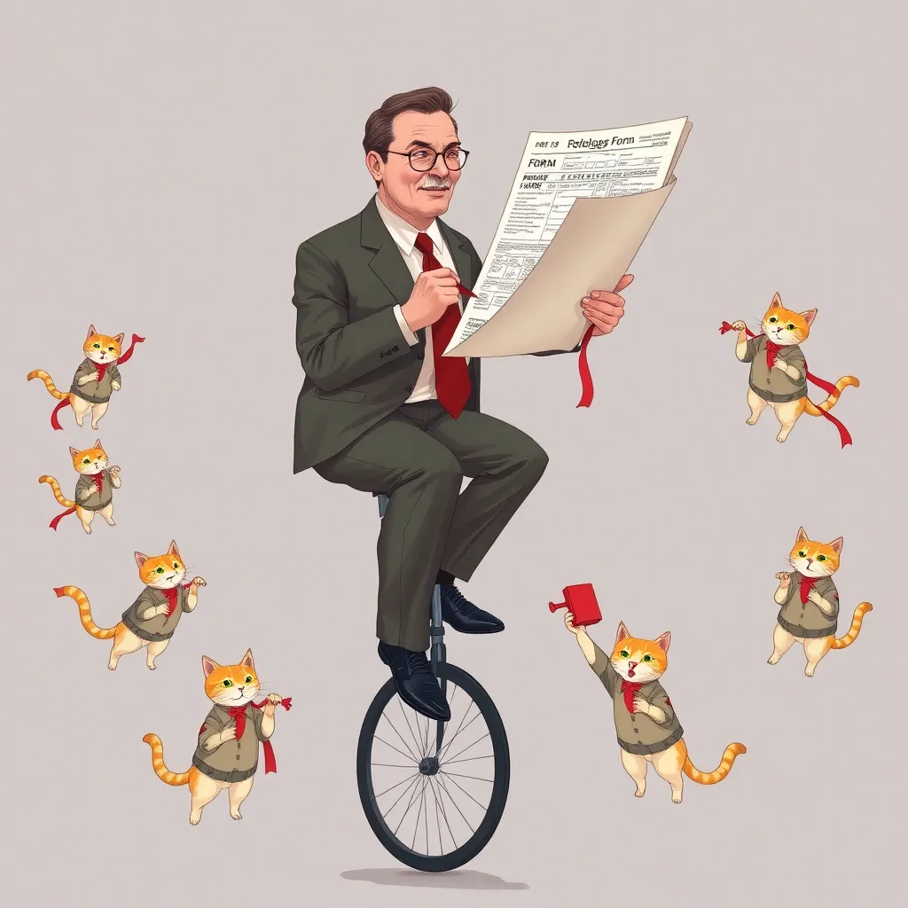 A man in a suit trying to fill out a 100-page form while balancing on a unicycle, surrounded by floating cats in tiny government uniforms holding red tape
