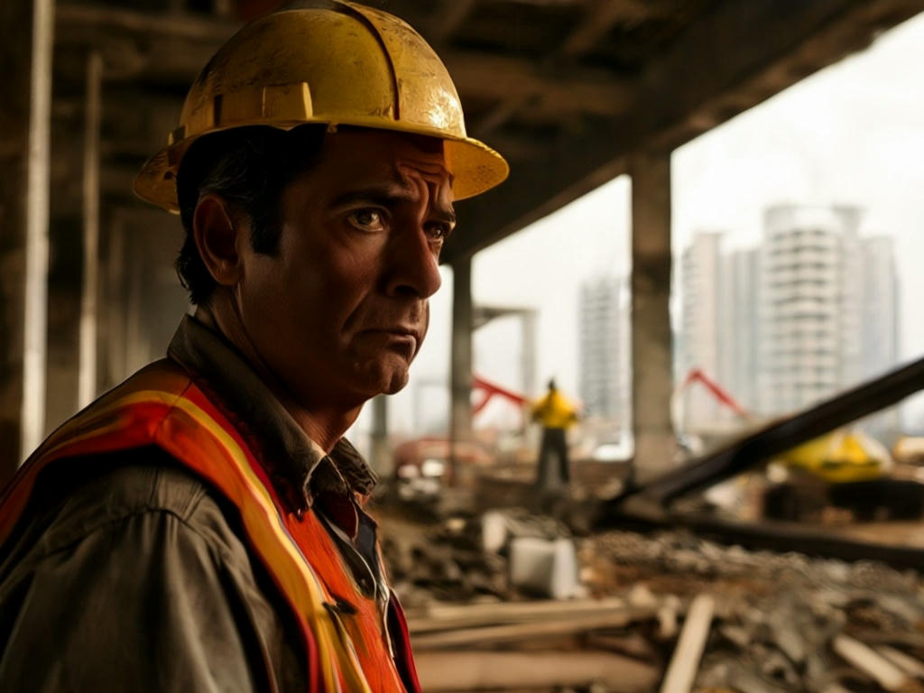 Cena do filme mostrando João Silva demitindo funcionários em sua empresa de construção civil, com expressões de tristeza e desespero