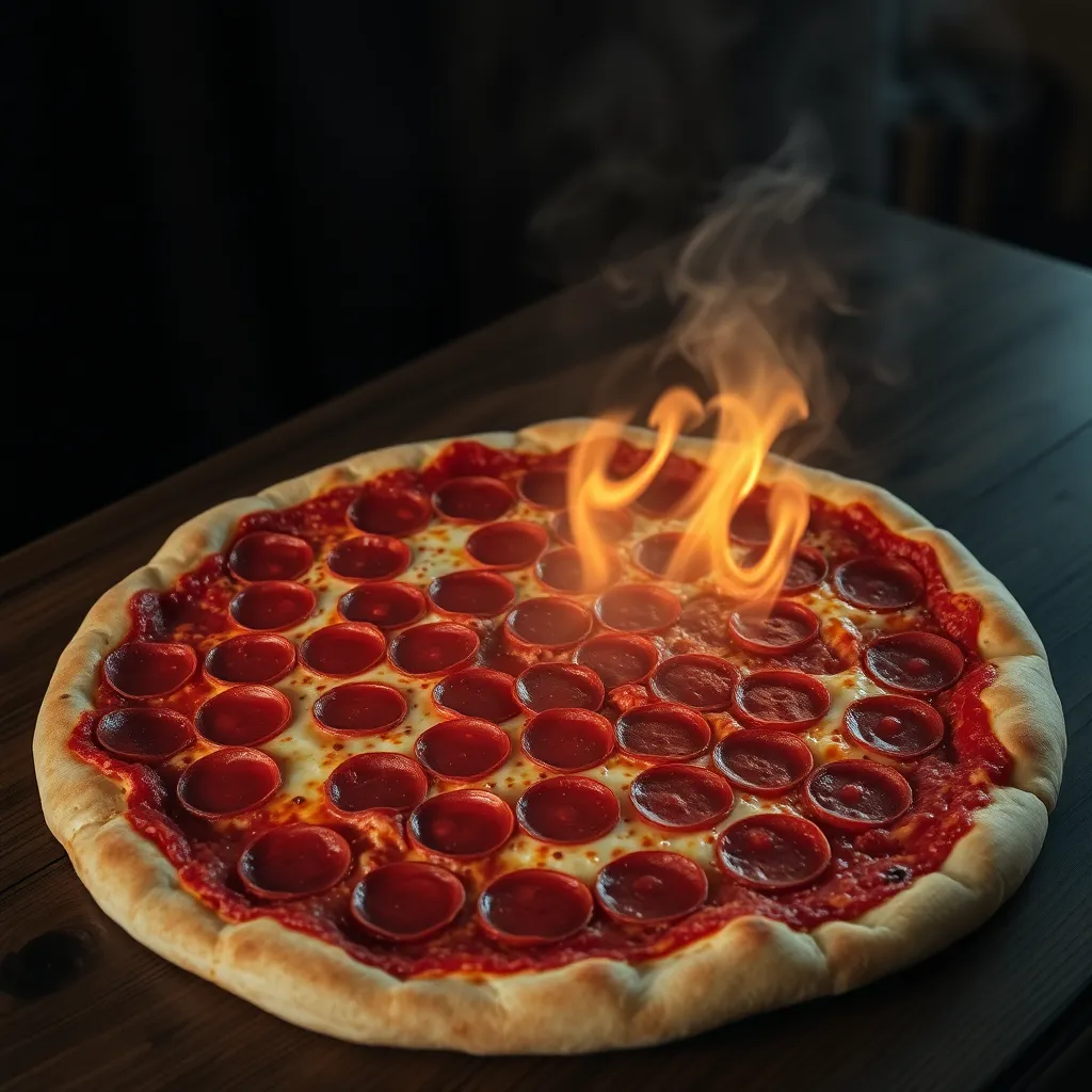 A large pepperoni pizza on a wooden table, the pepperoni slices are swirling into miniature black holes, glowing runes etched into the crust, steam rising in the shape of a hooded figure, cinematic lighting