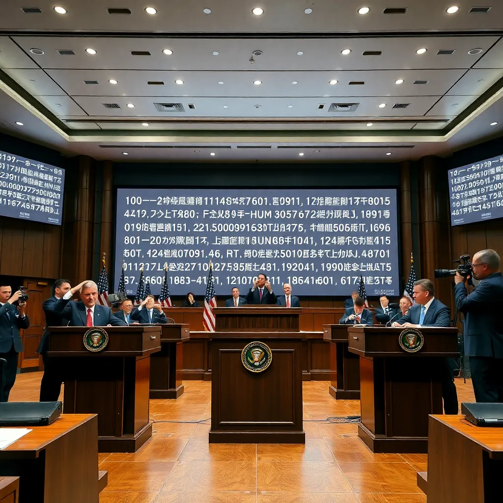 a government press room with officials at podiums, giant screens behind them displaying absurdly elegant mathematical unicode headlines, journalists shielding their eyes, polished wood, formal suits, surreal bureaucratic comedy, realistic lighting