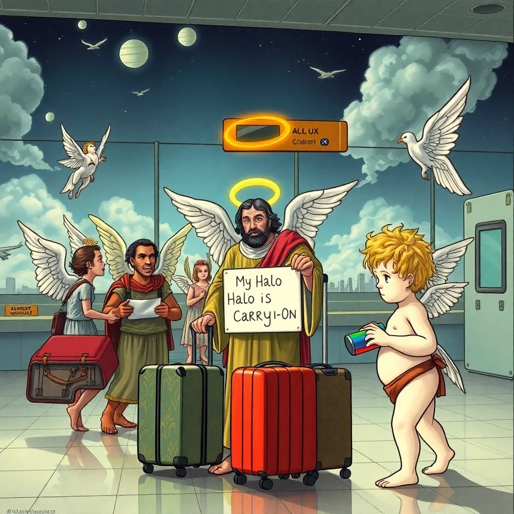 Chaos at a celestial airport terminal: angels arguing with demons over baggage claims, a saint holding a 'My Halo is Carry-On' sign, and a bored cherub scanning luggage with a rainbow scanner