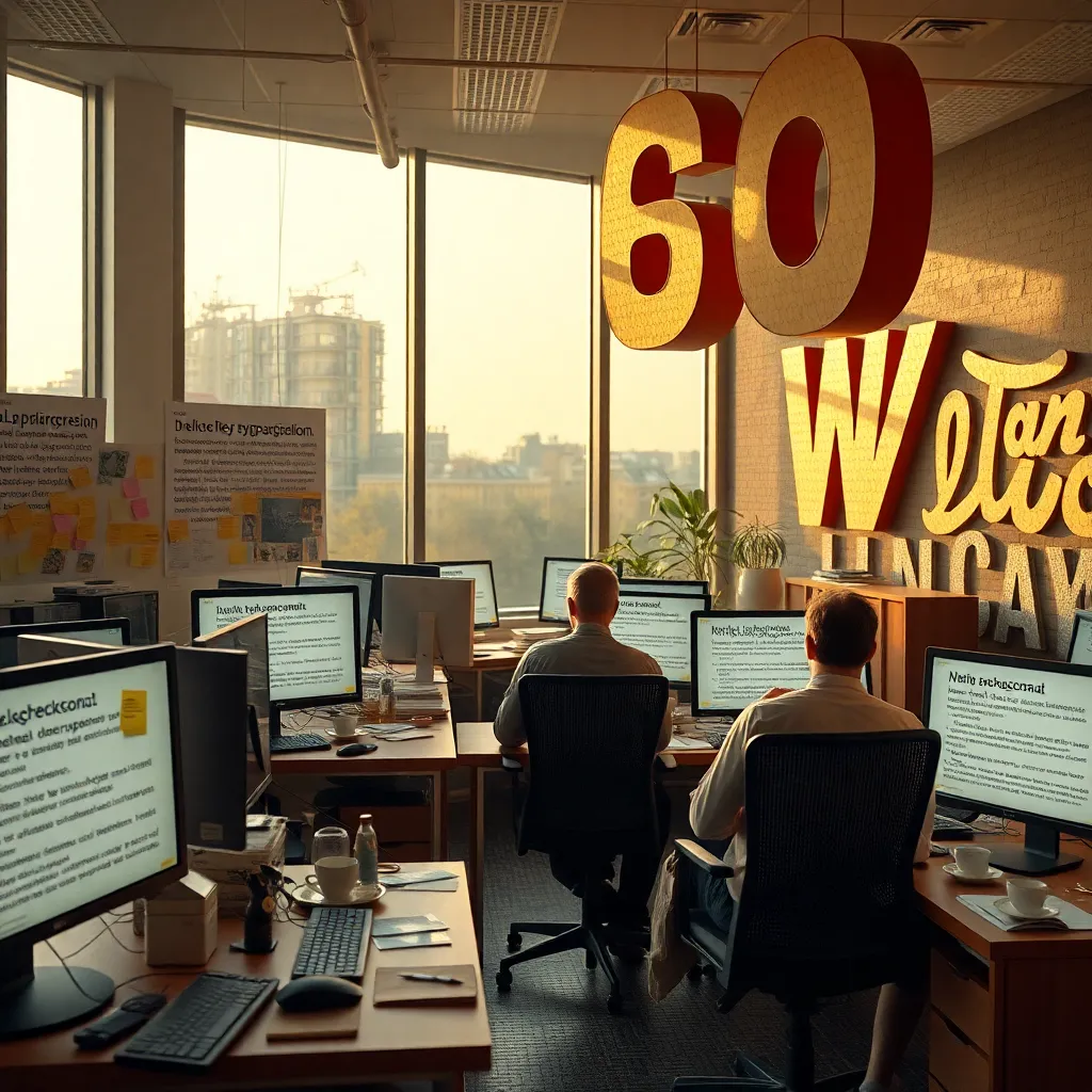 surreal modern design studio in Kyiv, computer screens filled with elegant Ukrainian placeholder paragraphs, exhausted typographers drinking tea, sticky notes everywhere, gigantic hovering serif letters, warm evening light, whimsical and highly detailed