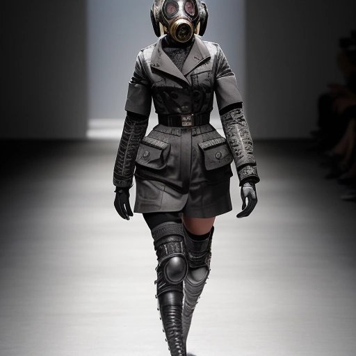 Fashion model wearing a gas mask on the runway