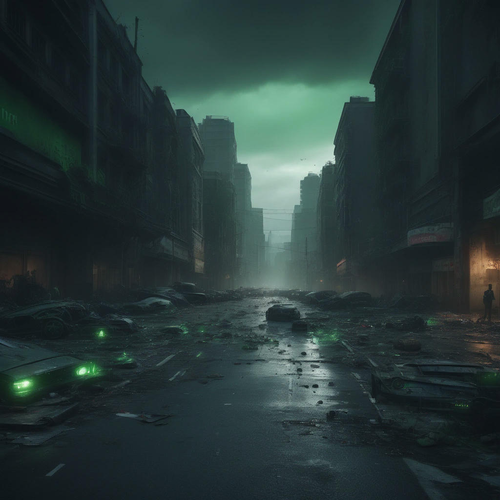 a deserted city street, littered with abandoned cars and debris, with hordes of zombies shambling in the distance, green glow in their eyes, apocalyptic, cinematic, 4k, hyper-realistic, trending on artstation