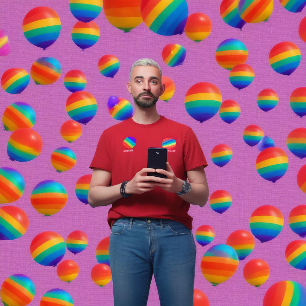 A person holding a smartphone, surrounded by Pride flags and rainbow-colored balloons. The screen displays a tweet that reads, 'Just saw the most offensive Pride shirts at @Target. Who thought this was a good idea? #BoycottTarget #PrideNotProfit' The image is rendered in a vibrant, colorful style, with a focus on the tweet and the person's expression of disgust.