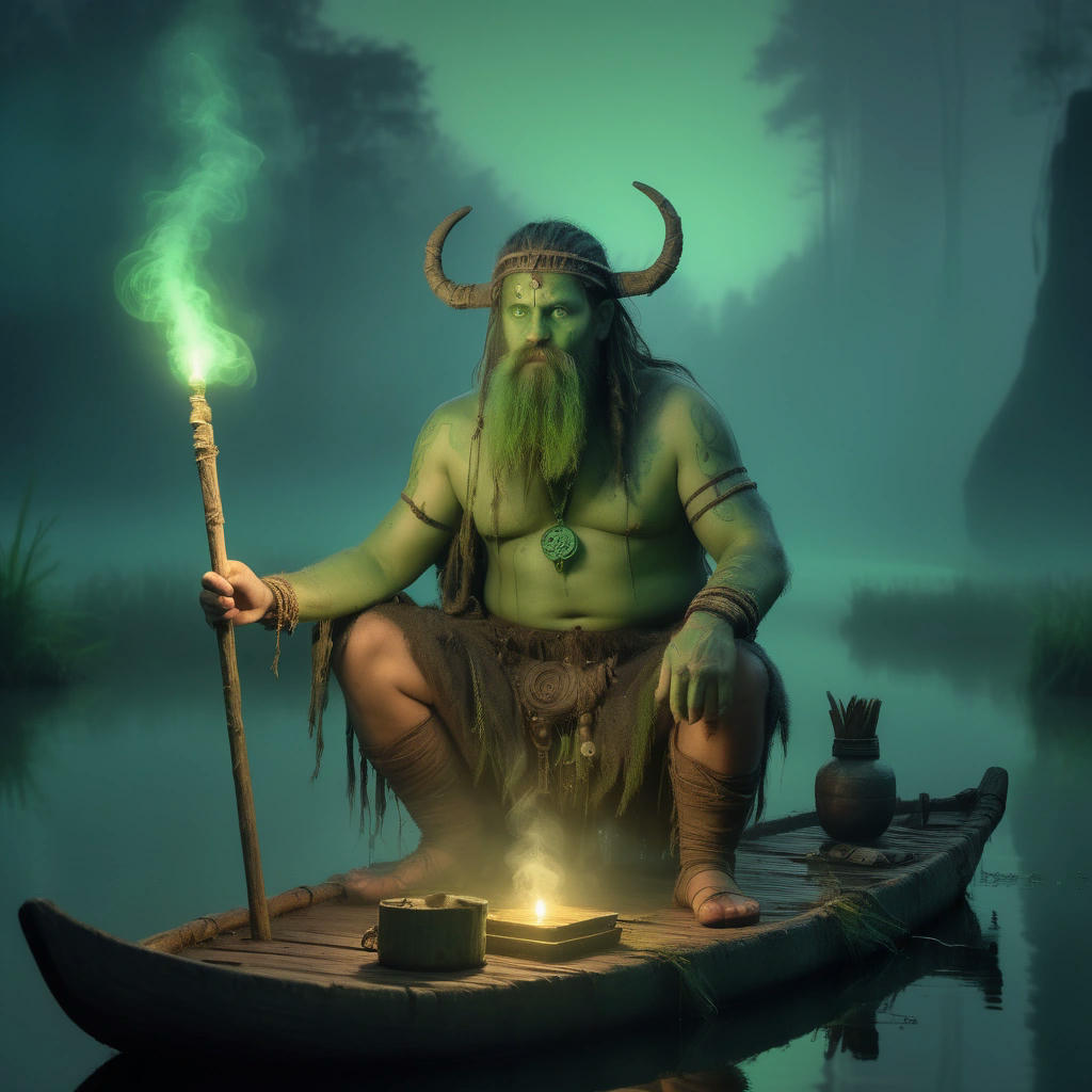 Imagine a swamp, a Viking with shamanistic symbols and a computer on a wooden raft, smoking a pipe. The image paints both a mystical and techy vibe.