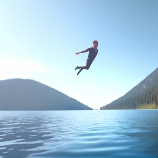 Ryan Gosling landing on a lake
