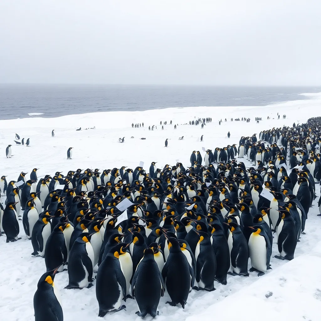 vast icy shoreline covered with a large colony of emperor penguins huddled together like a parliament, some appearing to inspect official-looking papers blowing across the snow, gray ocean, overcast sky, highly detailed naturalistic style with subtle political absurdity