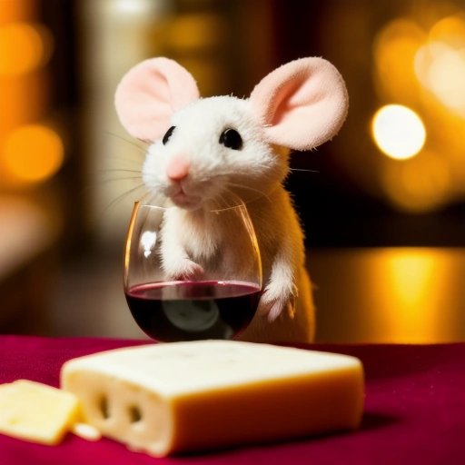 Intoxicated mouse surrounded by cheese and wine