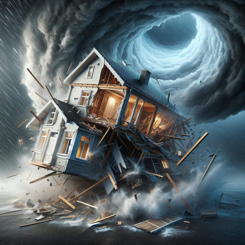 A sturdy house with a small, flimsy room attached, being battered by a storm, the main house standing firm while the small room is destroyed, digital art, dramatic lighting