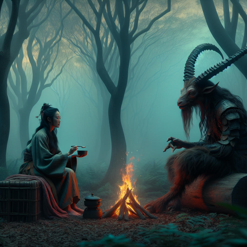 a human woman and a demon sitting by a small fire in an ancient forest, twilight, warm and peaceful atmosphere, intricate details, 8k resolution