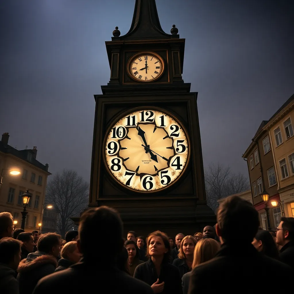 A town square clock tower with a distorted face where the numbers are melting and rearranging themselves, a crowd of confused citizens looking up in awe and terror, cinematic lighting, dramatic shadows