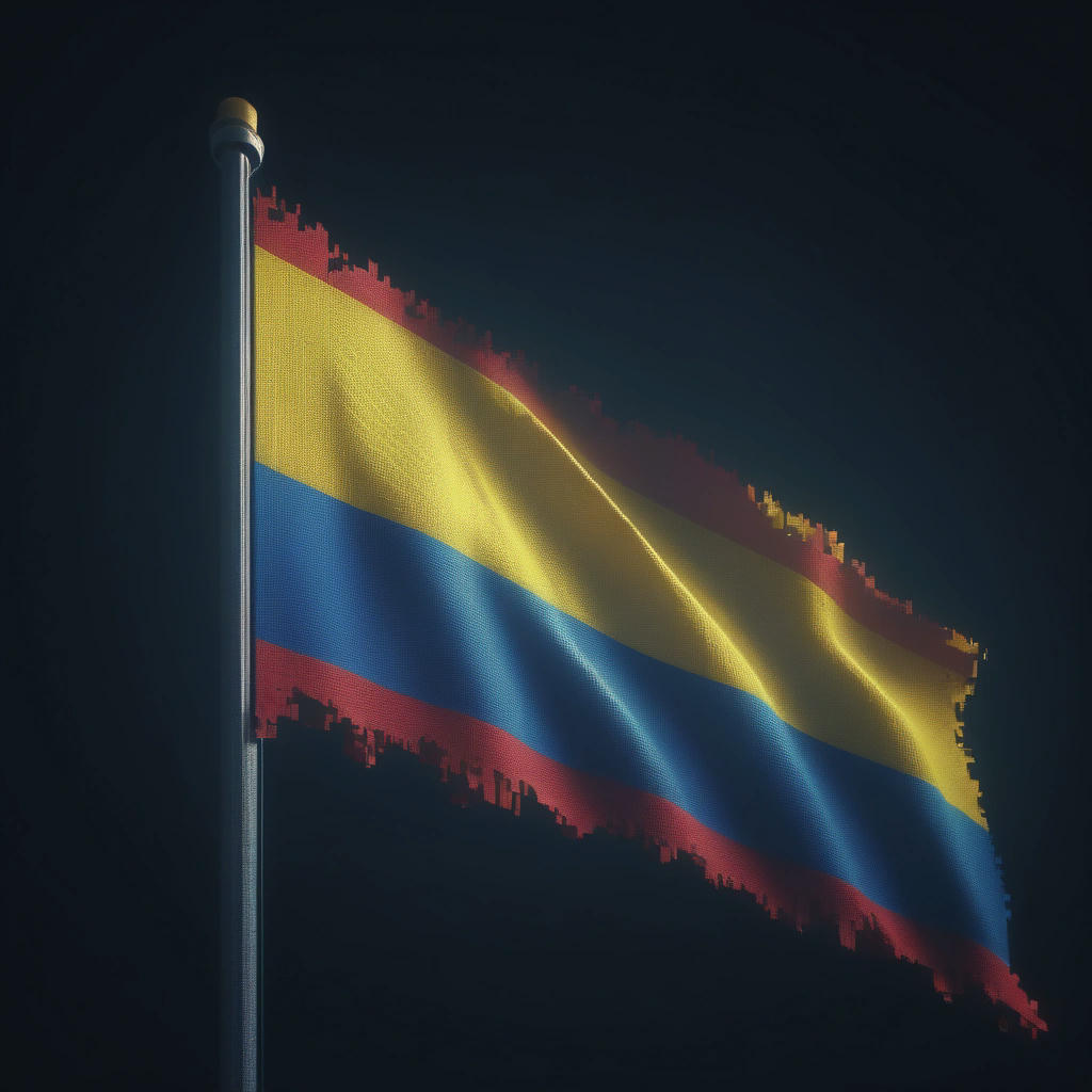 A dramatic illustration of a pixelated Ukrainian flag waving in the wind, with a subtle glow effect, 4k, cinematic lighting, photorealistic, trending on deviantart