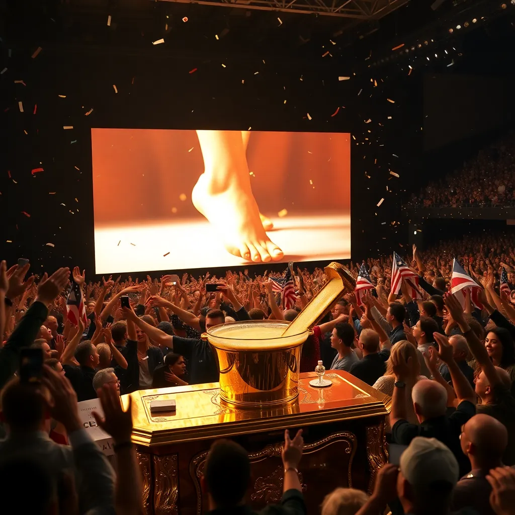 A gold-plated pedicure station in the middle of a political rally, with a massive crowd cheering for a giant screen showing a slow-motion video of a foot being dipped into a bucket of liquid gold, confetti falling