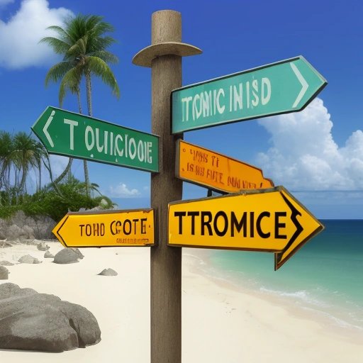 Signpost at crossroads between Cape Cod and tropical island