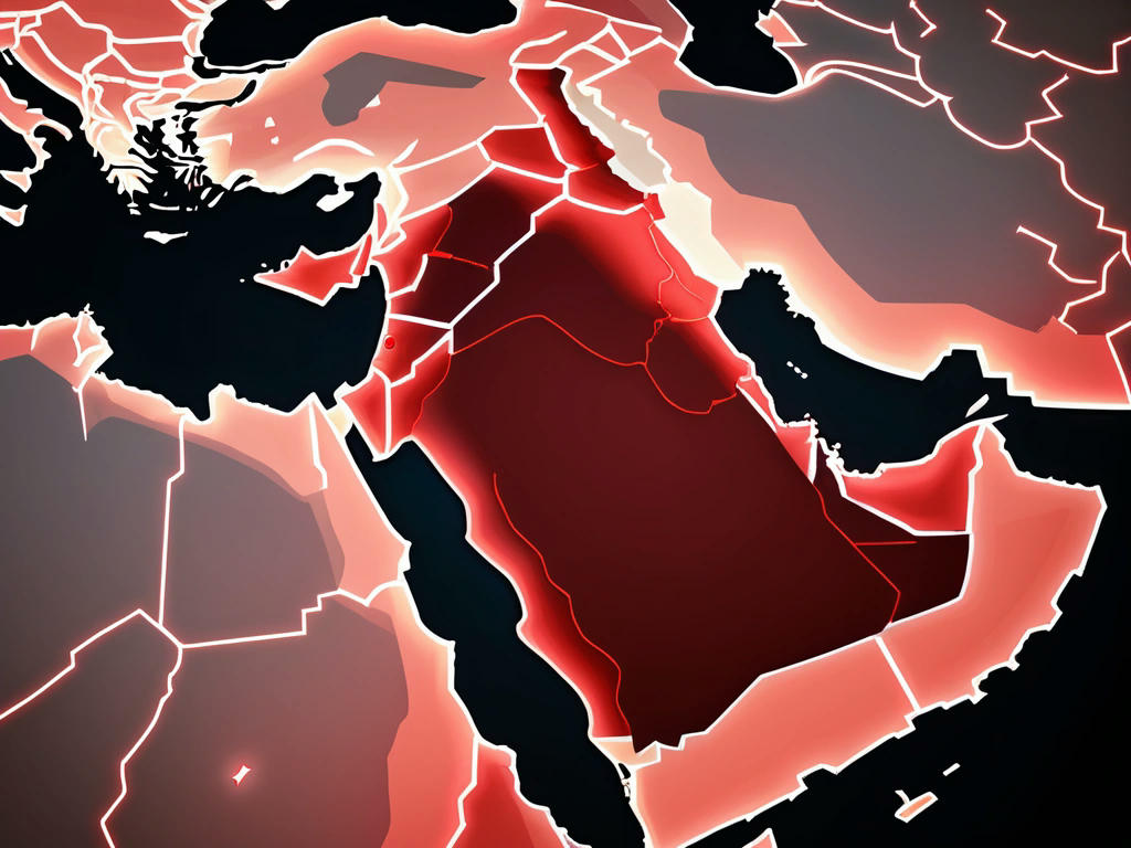 A map of the Middle East with a red glow surrounding the Israeli-Palestinian border, symbolizing the escalating tensions. High-quality, detailed, and realistic