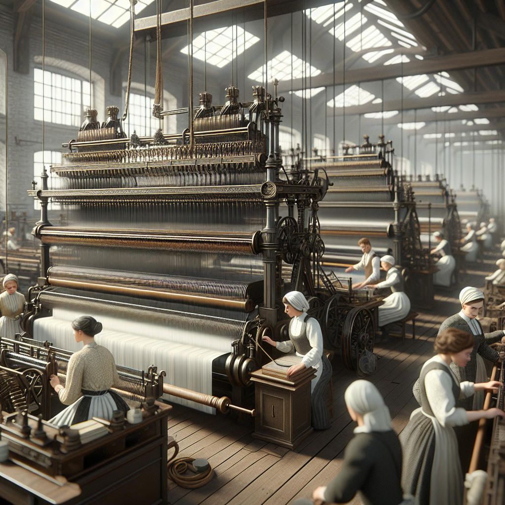 a historical scene of early 19th-century textile manufacturing using punchcards, detailed and high quality, vintage style, historical accuracy, intricate machinery, workers operating looms, photorealistic