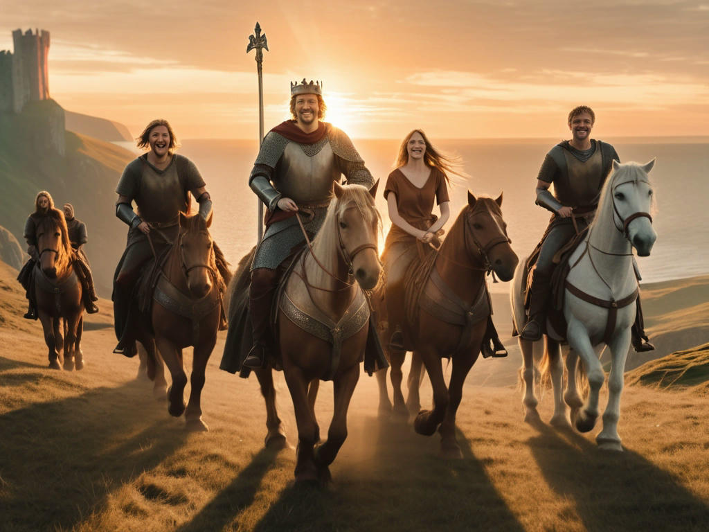 King Arthur and his companions riding off into the sunset