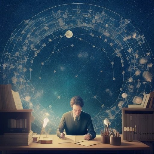 Writer surrounded by celestial constellations