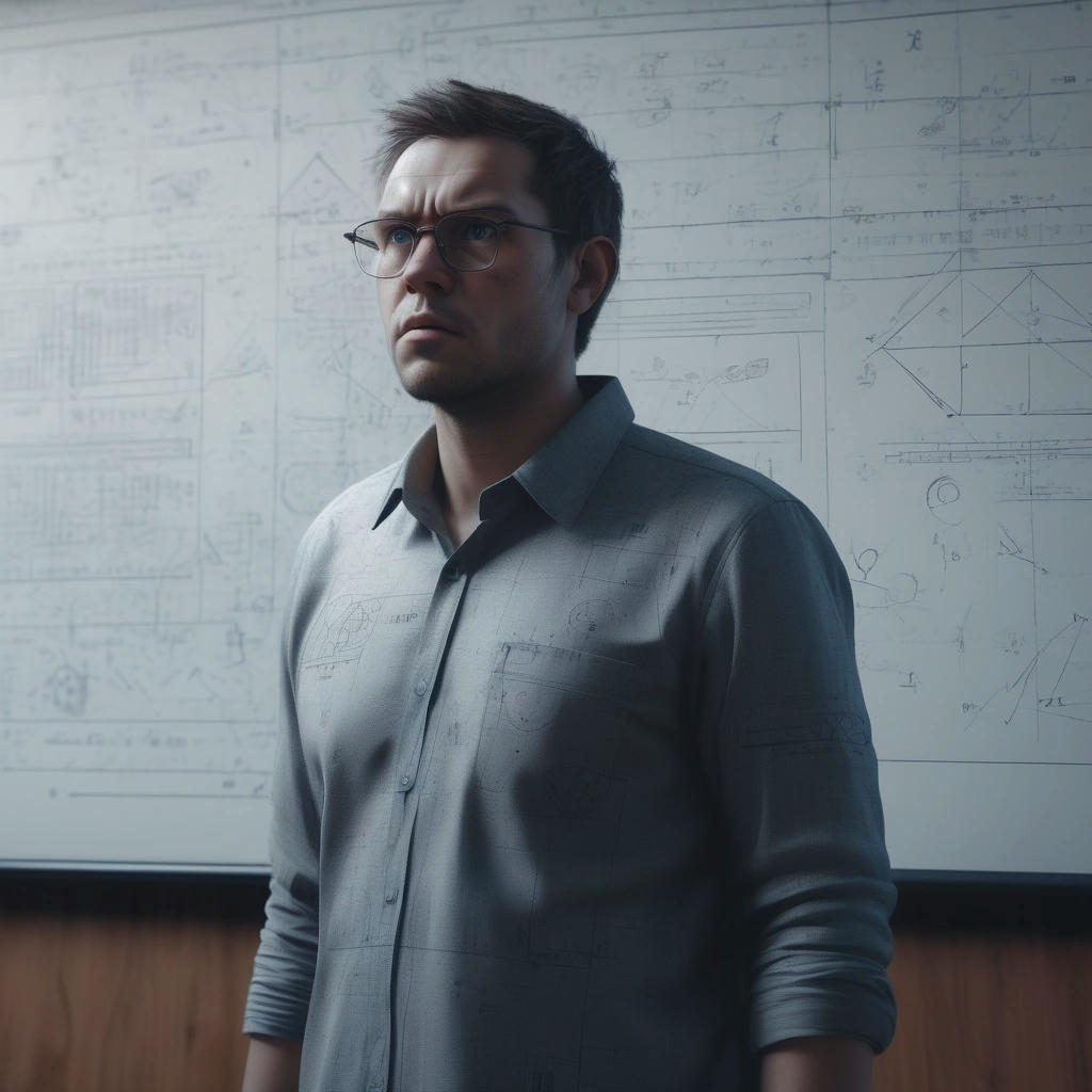 a person standing in front of a whiteboard, marker in hand, surrounded by intricate diagrams and equations, a look of intense focus on their face, highly detailed, photorealistic, 4k, cinematic, concept art by Simon Stalenhag