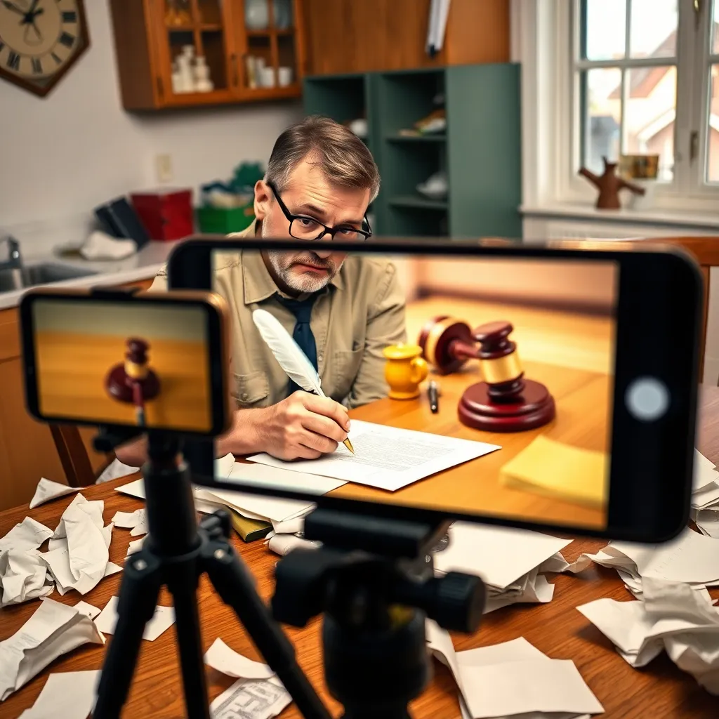 A confused man sitting at a kitchen table surrounded by crumpled papers, trying to write a letter with a quill pen while a smartphone on a tripod displays a blurry image of a judge's gavel