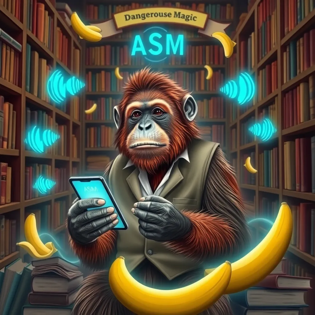 an orangutan in a tiny librarian vest holding a smartphone, surrounded by floating, glowing library books with ASMR waveform symbols, background of chaotic library shelves with 'Dangerous Magic' section replaced by banana peels