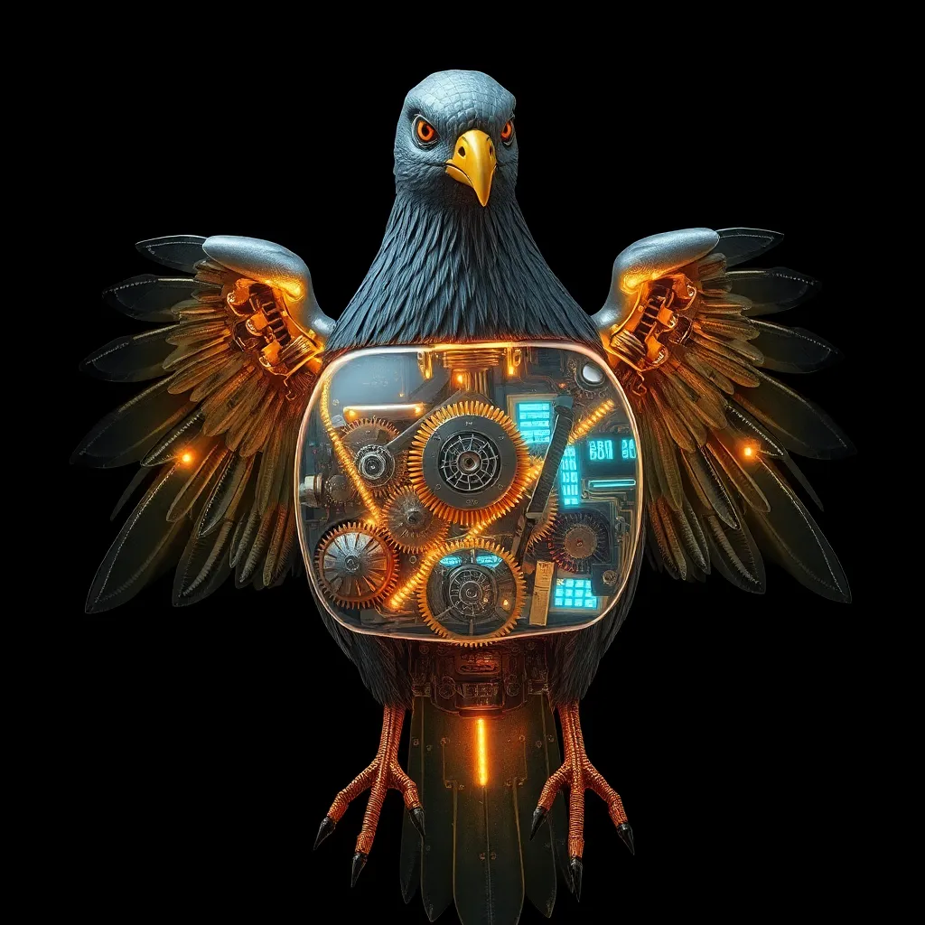 Inside a mechanical pigeon, gears and glowing circuit boards visible through a transparent chest plate, steampunk style, complex machinery