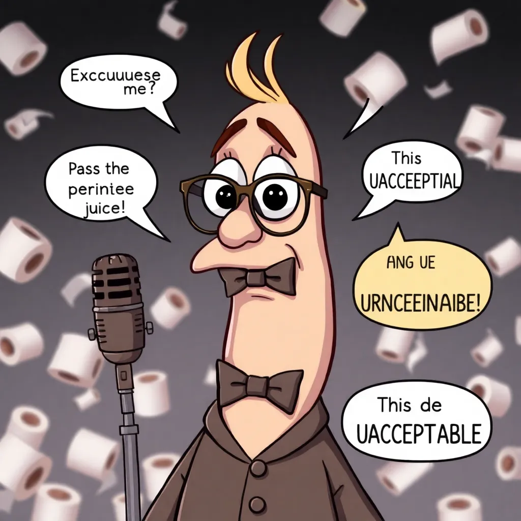 A cartoonish, dignified human sphincter wearing tiny spectacles and a bowtie, speaking into a vintage microphone, with speech bubbles reading 'Excuuuuse me?', 'Pass the prune juice', and 'This is UNACCEPTABLE', against a backdrop of floating toilet paper rolls