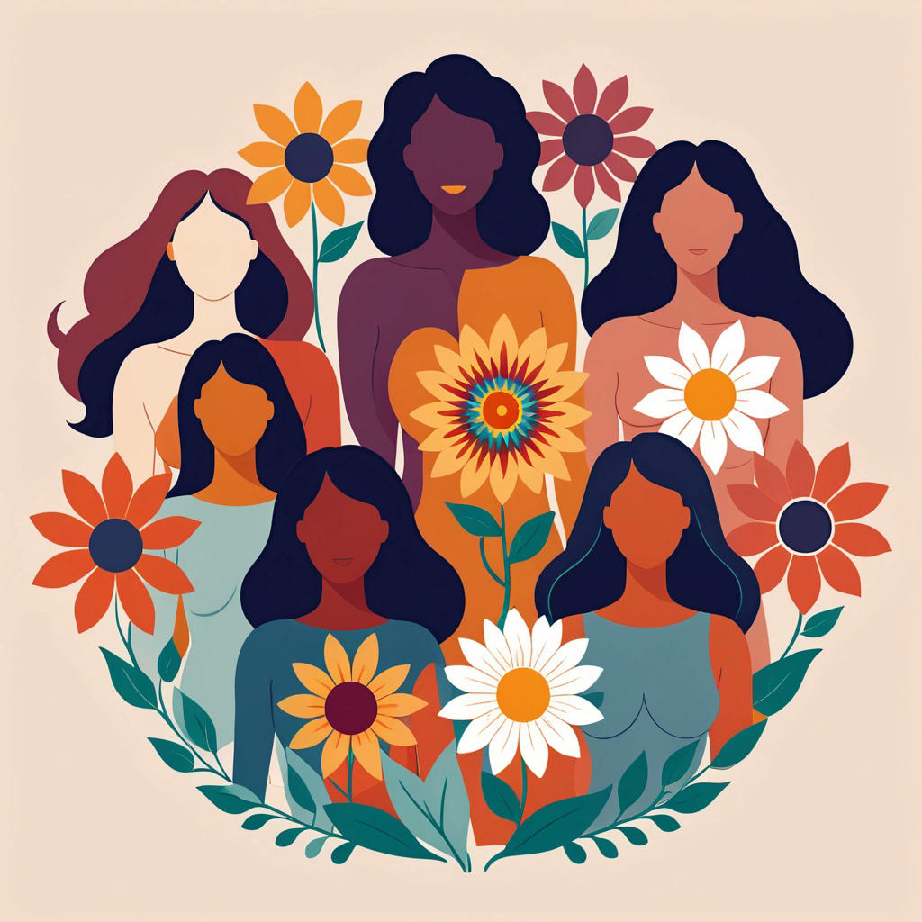 A diverse group of women standing together, each with a unique flower blooming from their pelvis