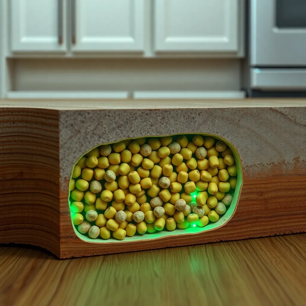 A cross-section of a kitchen floor showing cat food pellets stuck inside the solid wood and concrete layers like fossils, glowing with a faint green glitch aura