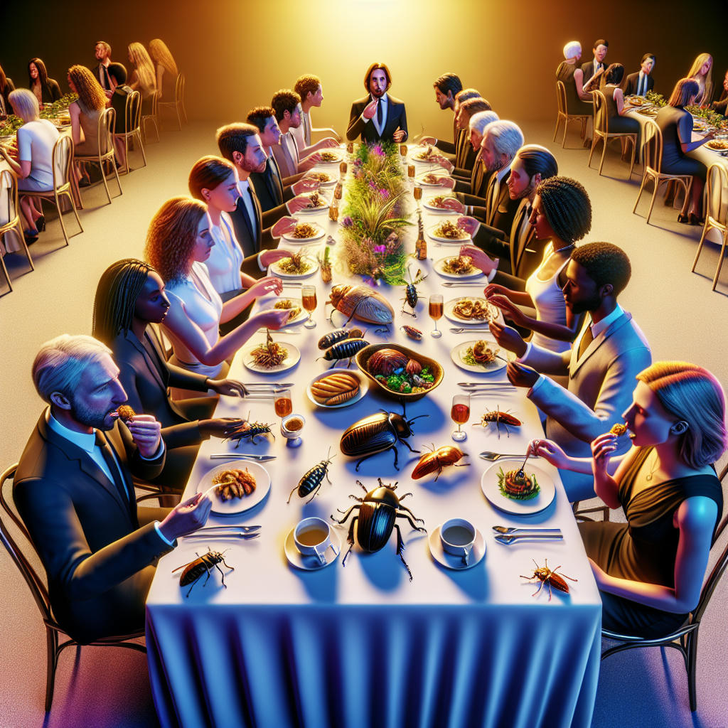 a group of people at a dinner party, eating bug-themed dishes, looks of surprise and delight on their faces, elegant setting, hyper-realistic, extremely detailed, warm lighting