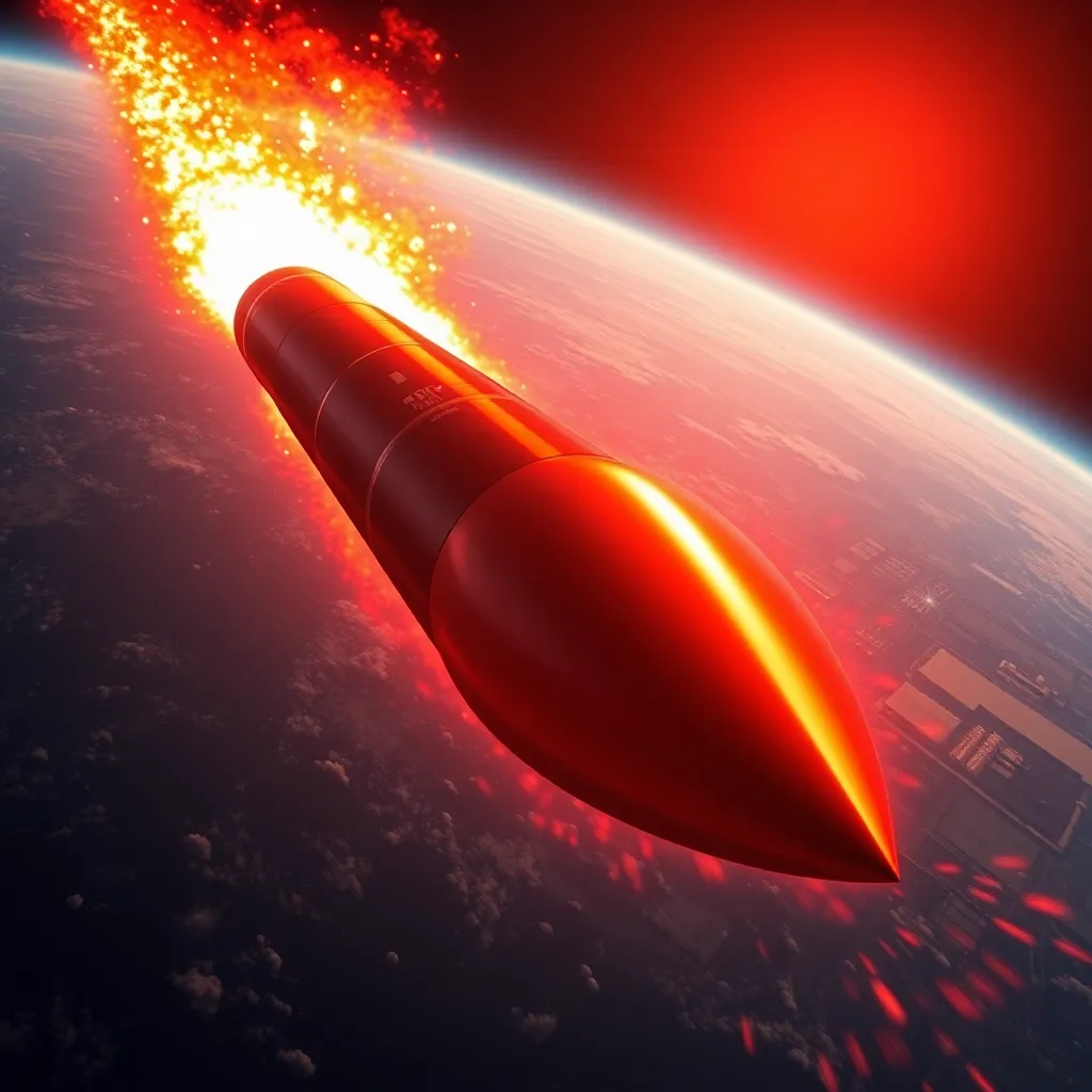 A massive one-ton steel projectile glowing red-hot, re-entering the Earth's atmosphere from space, trailing fire and plasma, aimed at a distant industrial complex, wide angle shot from the edge of space