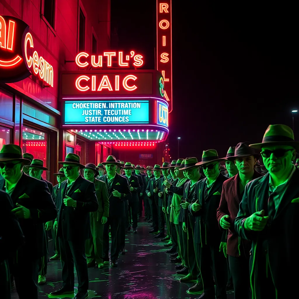 A long line of people outside a classic 1940s cinema, every person is covered head-to-toe in translucent green slime, wearing fedoras, holding whips, neon lights reflecting off the goo