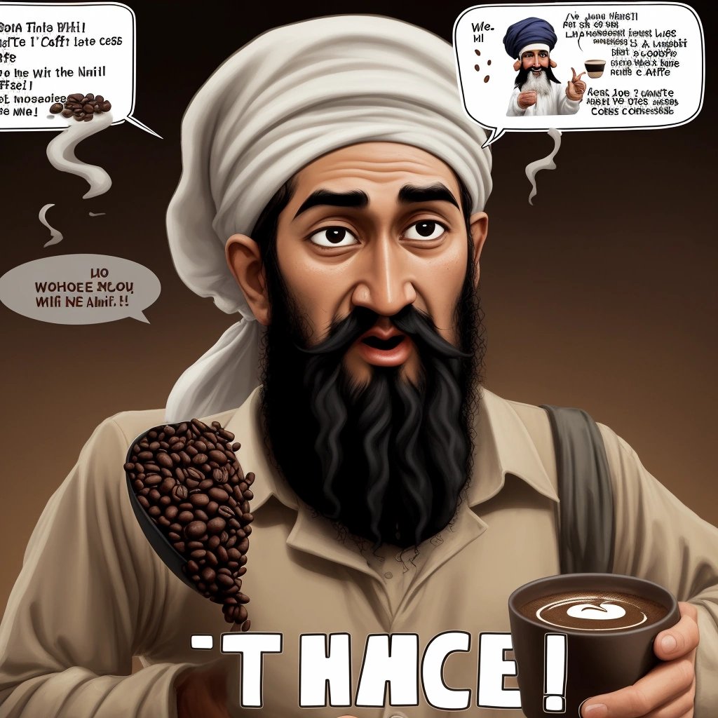 Satirical cartoon of Bin Laden as a coffee connoisseur