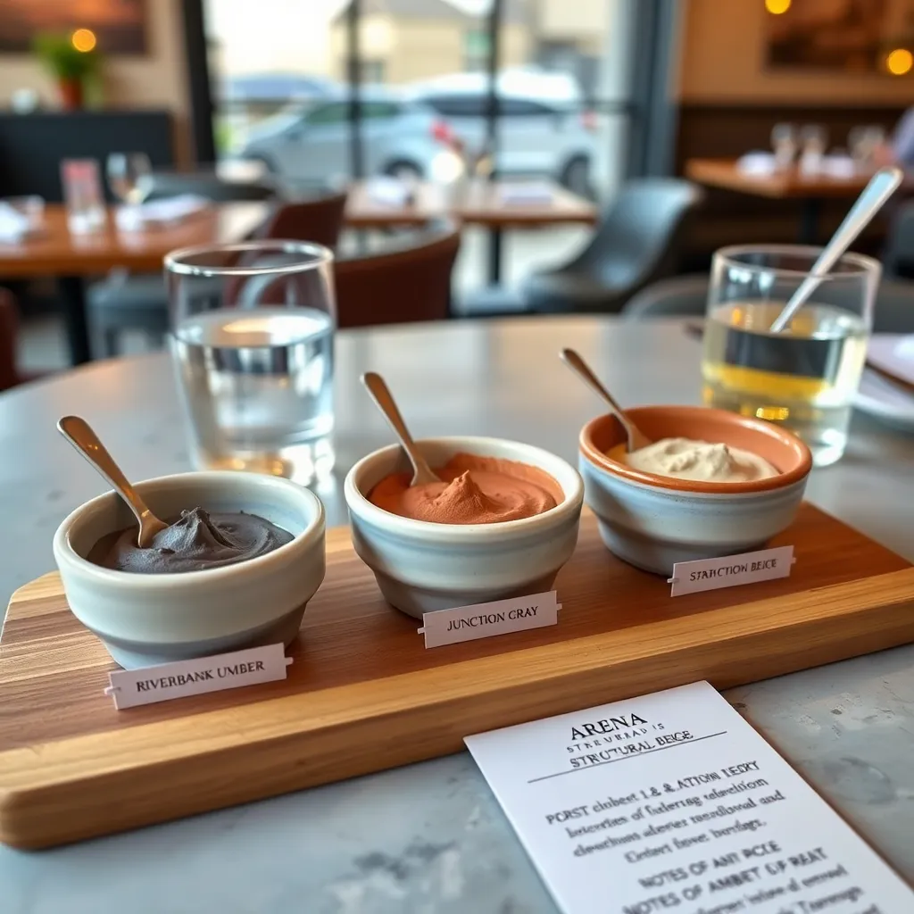 Clay-based tasting flight: “Riverbank Umber,” “Junction Gray,” “Arena Structural Beige”