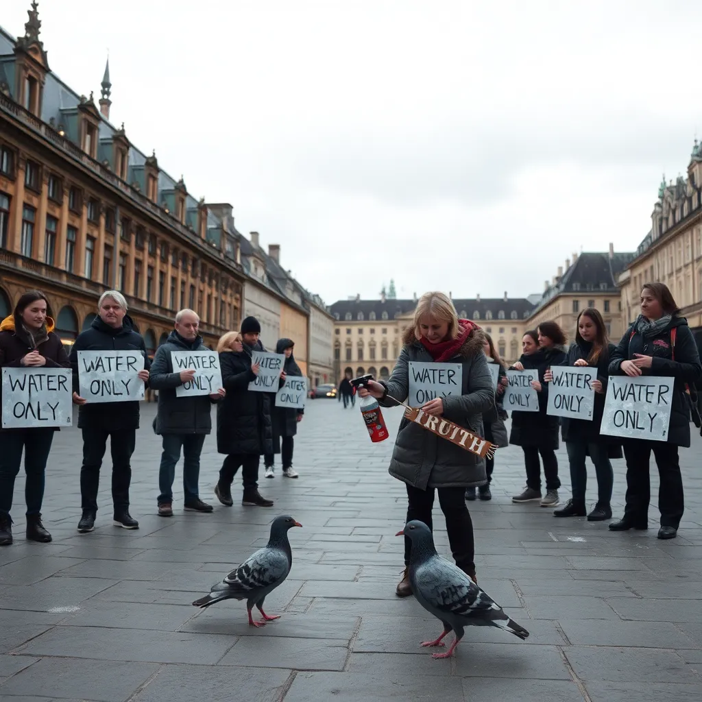 Twelve people standing in a sparse Brussels square holding 'WATER ONLY' signs made of ice, one woman aggressively spraying a confused pigeon with a labeled 'TRUTH' spray bottle, overcast sky, cinematic lighting