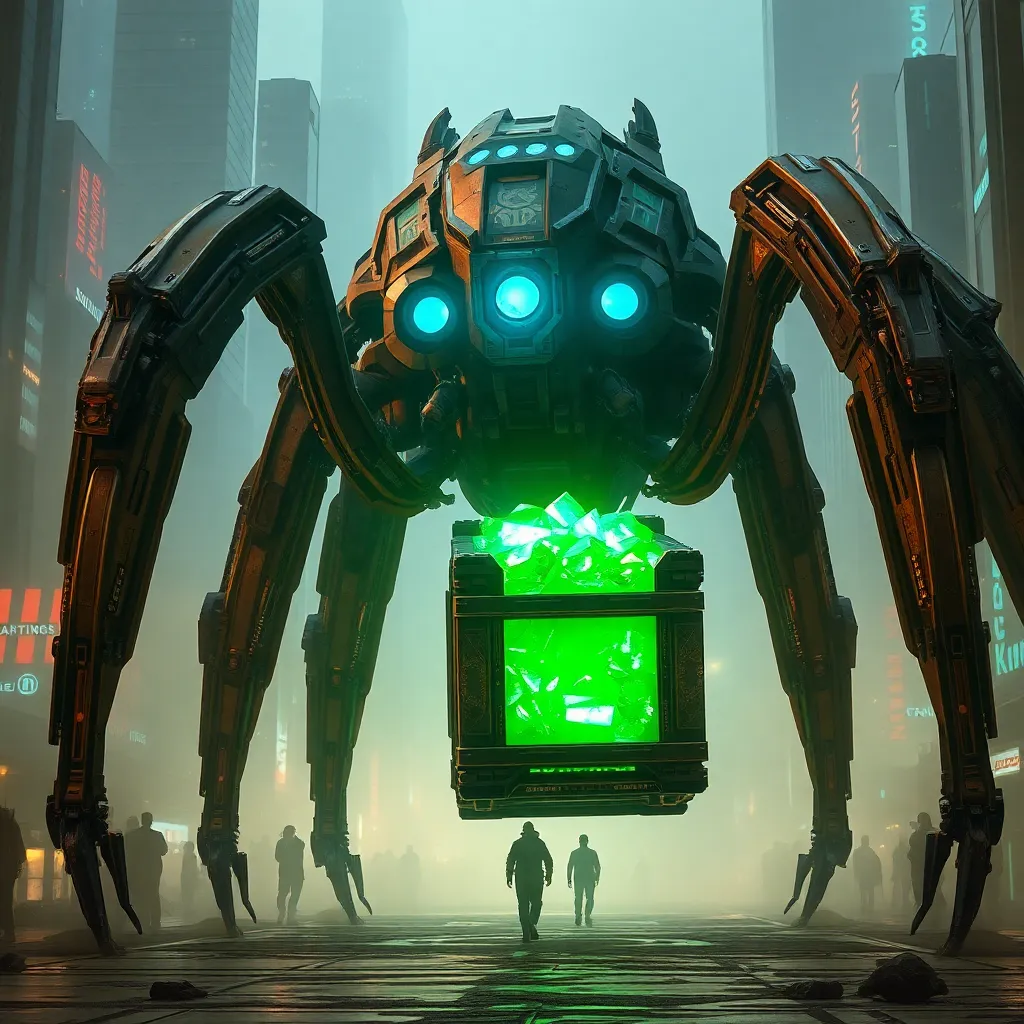 A massive, towering mechanical spider-bot with glowing blue eyes walking through a futuristic city, carrying a giant crate of glowing green crystals, intricate mechanical details, sparks flying, volumetric fog