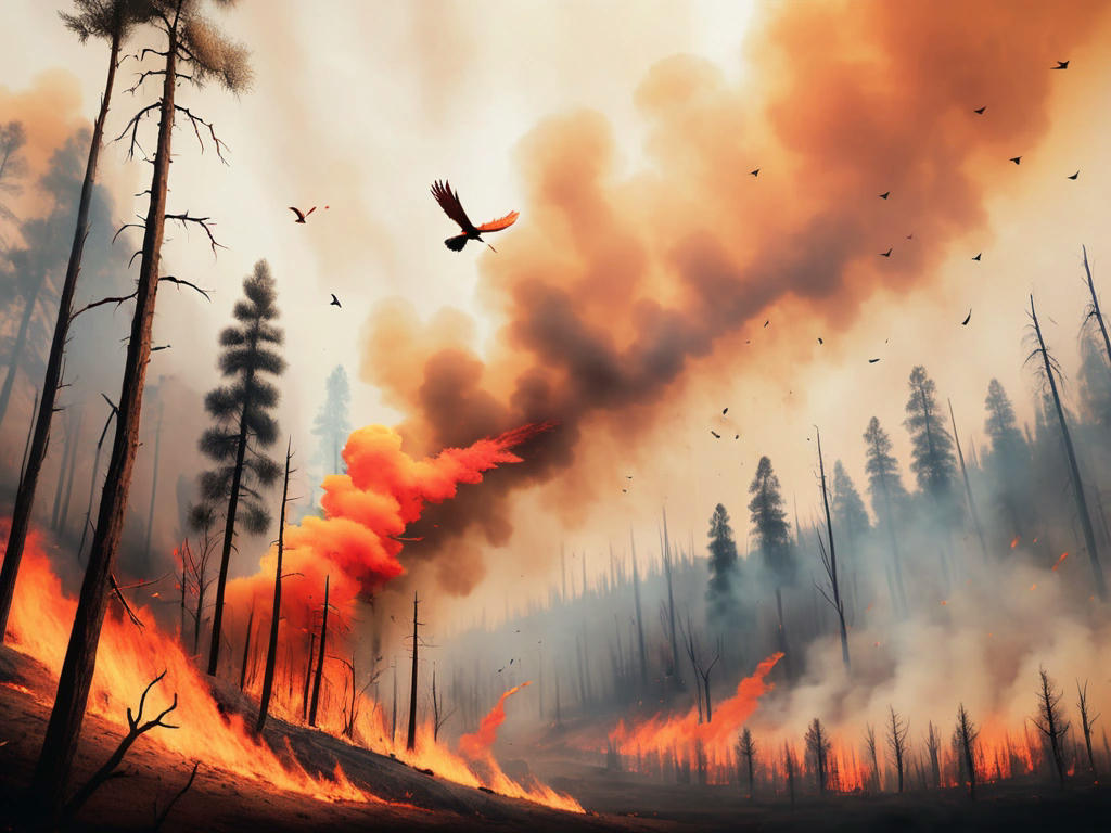 a wildfire spreading through a dry forest, smoke billowing into the sky, with a bird falling from the sky in flames