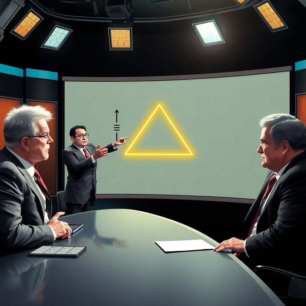 a television studio debate where a flustered economist points at a glowing deadweight loss triangle on a whiteboard while commentators in dramatic suits glare suspiciously at the geometry, bright studio lights, chaotic satirical realism, highly detailed